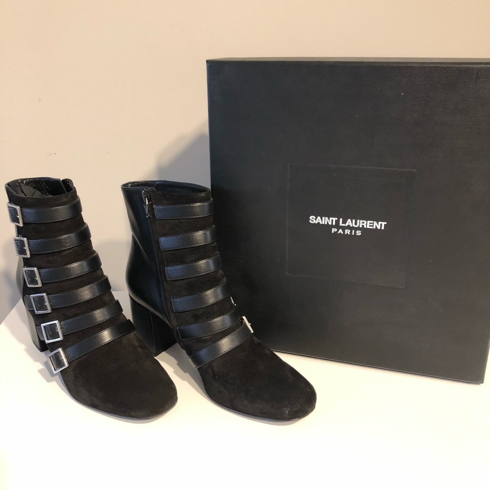 Saint Laurent Suede & Leather Buckle Boots